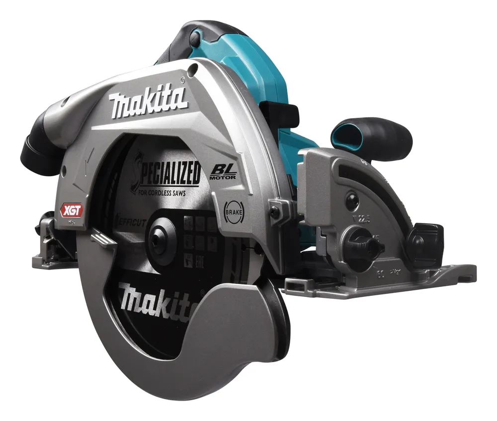 Pildil on Makita akuketassaag HS009GZ, kus on näha saeketta detailid ja seadme erinevad osad.