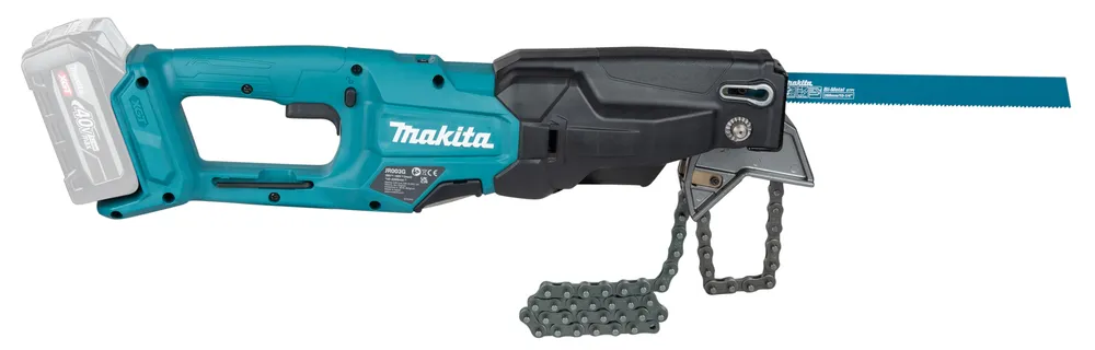 Pildil on Makita akuuniversaalsaag torudele JR003GZ, XGT, millel on aku ja saetera.