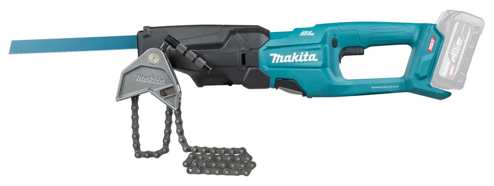 Pildil on näha Makita akuuniversaalsaag torudele JR003GZ, mille teras on ülevalt näha.
