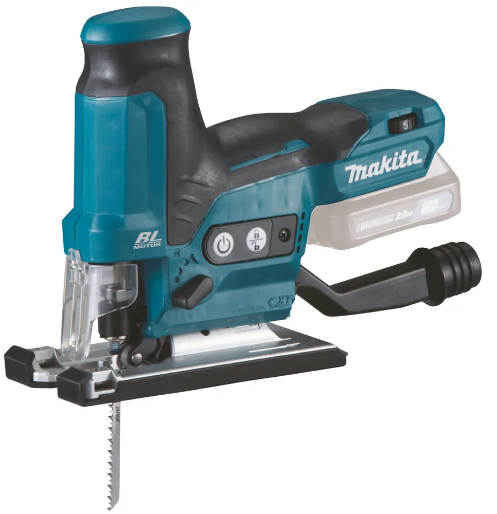 Pildil on näha Makita akutikksaag JV102DZ, millel on sinine ja must värvus ning allosas terav saetera.