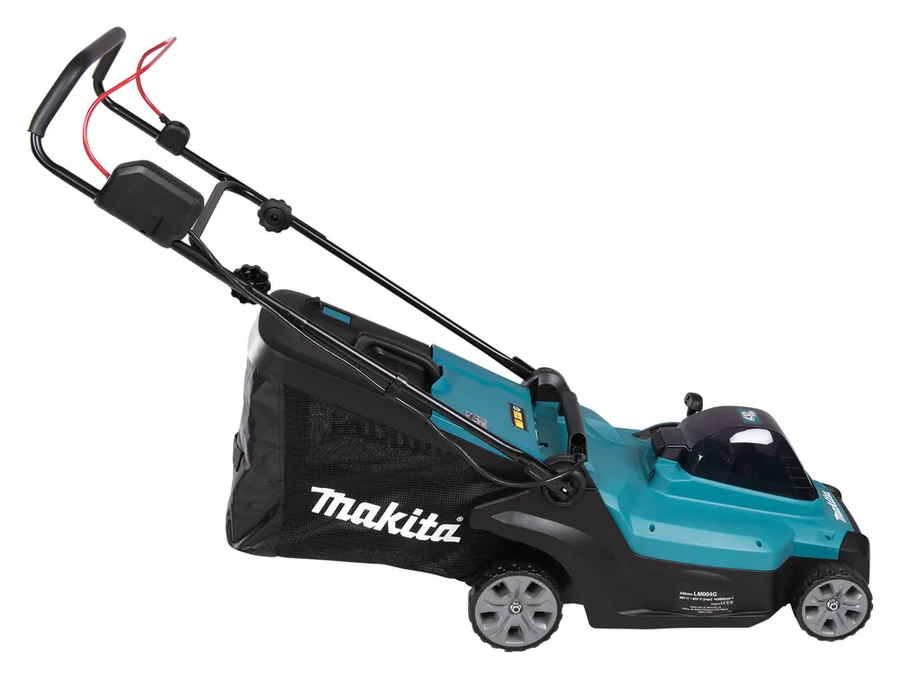 Pildil on kujutatud Makita akumuruniiduk LM004GM103, XGT, millel on must kogumiskott ja turva-käepide.