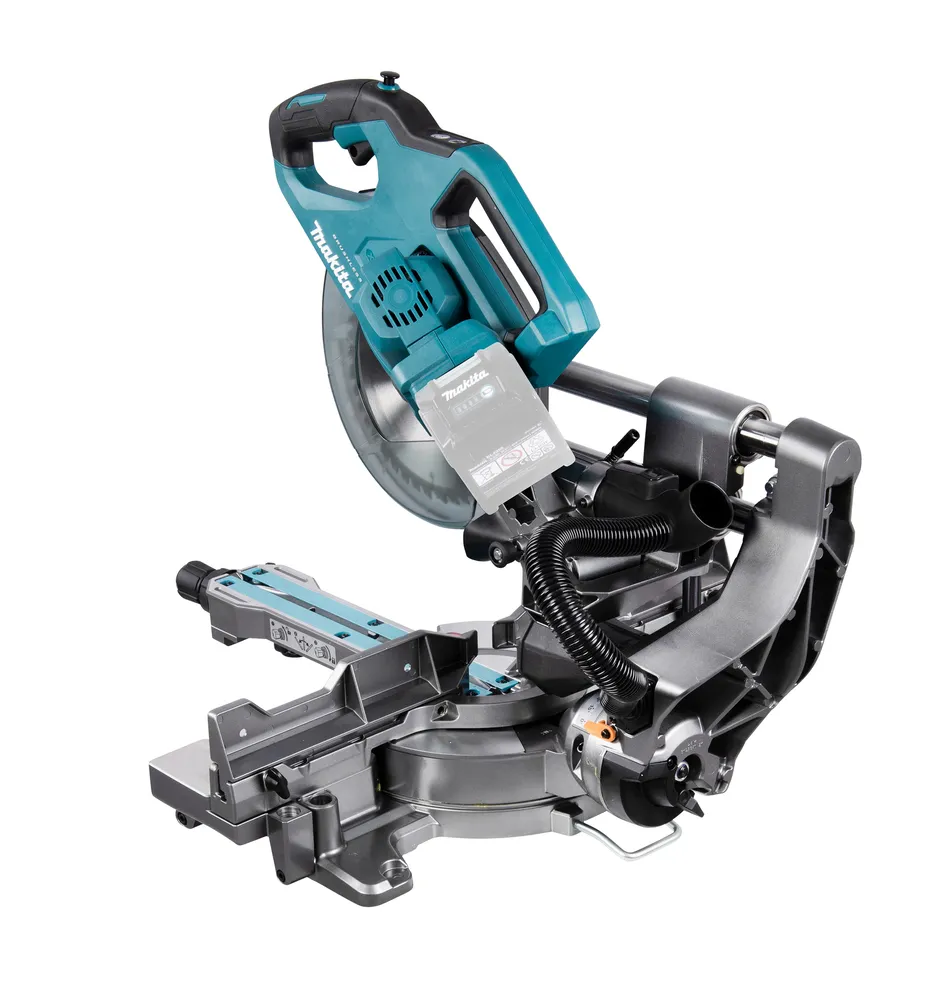 Pildil on Makita akuga tükeldus- ja nurksaag LS002GZ01, mis on valmistatud metallist ja plastikust.