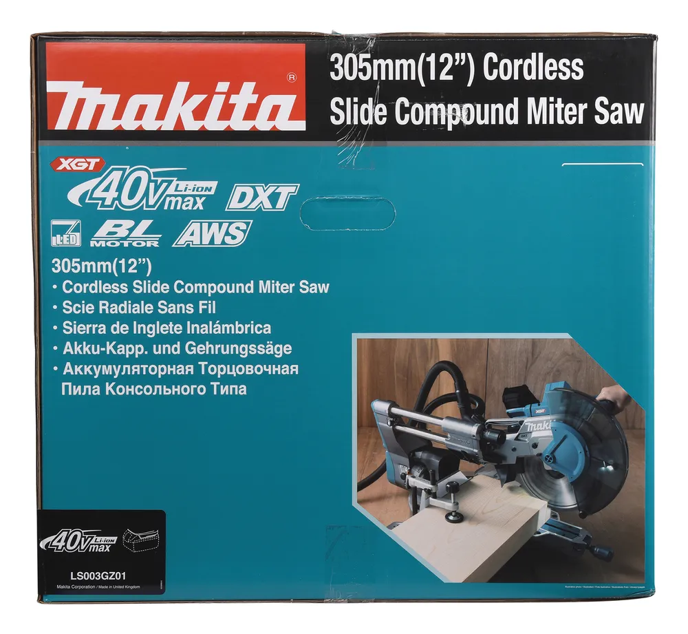 Pildil on näha Makita akuga tükeldus- ja nurksaag LS003GZ01 pakend.