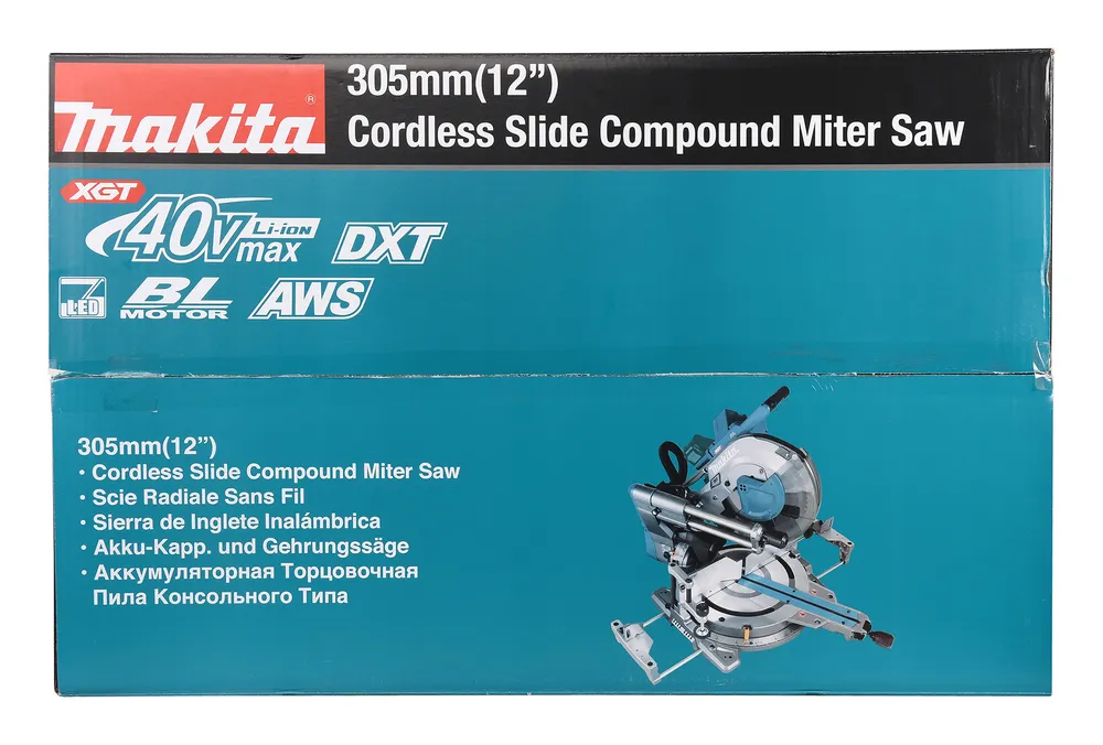 Pildil on Makita akuga tükeldus- ja nurksaag, mis on kujutatud toote pakendil.