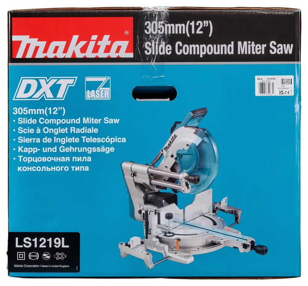 Pildil on Makita tükeldus- ja nurksaag LS1219L, mida tutvustatakse sinisel taustal.