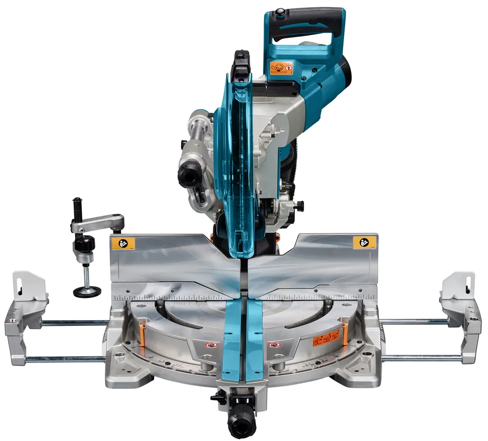Pildil on Makita tükeldus- ja nurksaag LS1219L, mis on esipoolt vaadatuna valgel taustal.