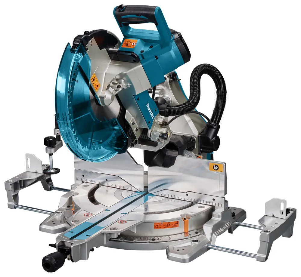 Pildil on näha Makita tükeldus- ja nurksaag LS1219L, mis on seisval asendil valgel taustal.