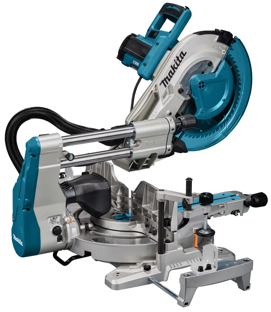 Pildil on Makita tükeldus- ja nurksaag LS1219L, mis koosneb hõbedasest metallraamist, sinisest mootorikattest ja mustast...