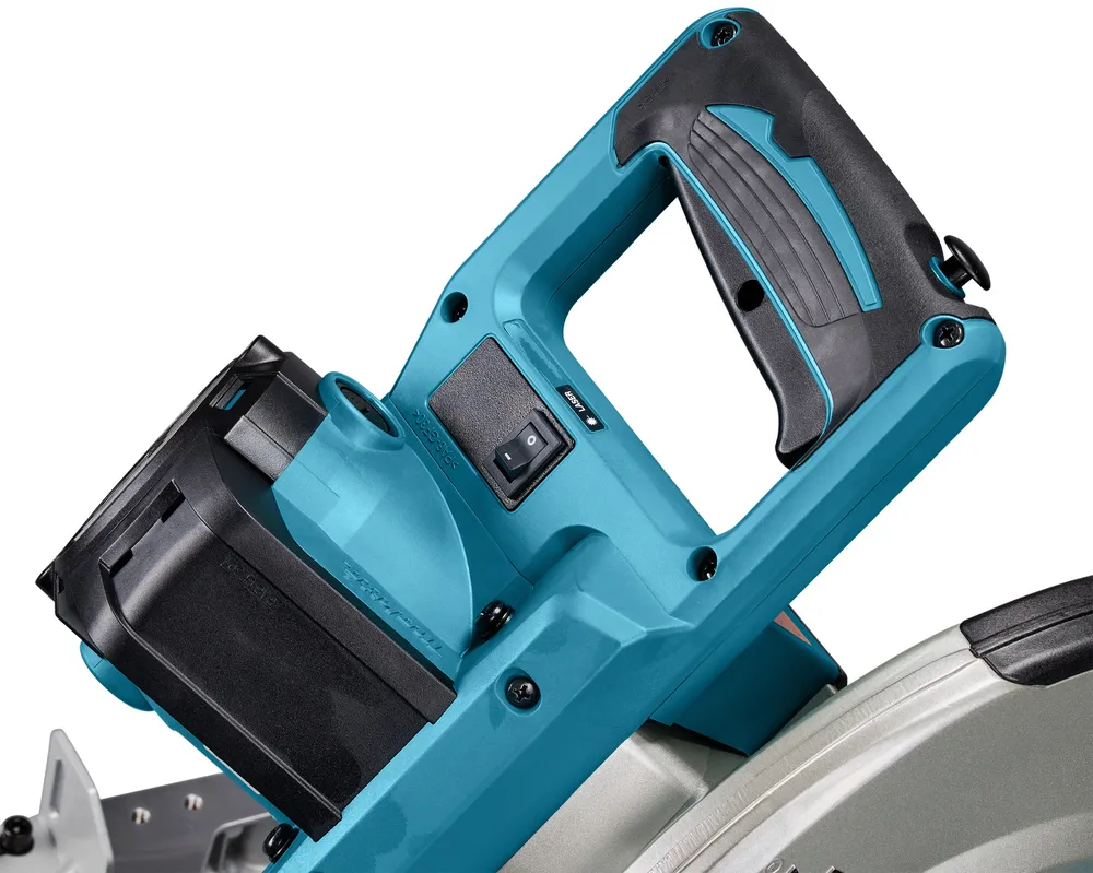Pildil on näha Makita tükeldus- ja nurksaag LS1219L, millel on sinine korpus ja must käepide.