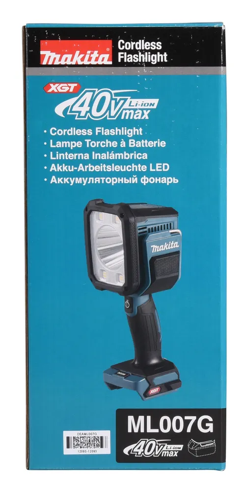 Pildil on näha Makita akulambi ML007G pakend, millel on kirjas "Cordless Flashlight" ja toote mudelitähis.