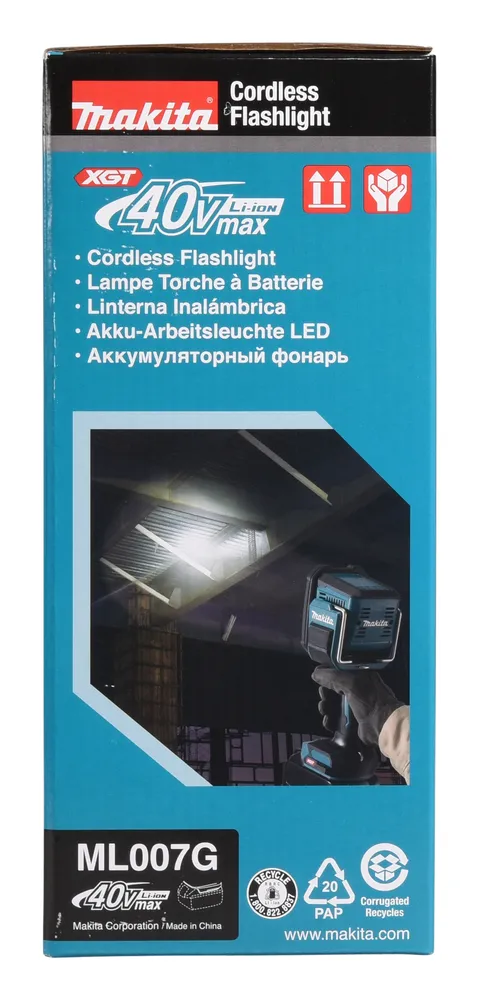 Pildil on Makita akulamp ML007G, millel on tooteinfo ja pilt lambist töös.