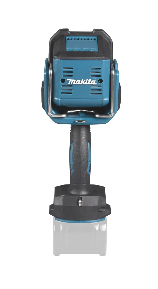Pildil on Makita akulamp ML007G, millel on sinine ja must korpus, käepide ja must alus, mille külge kinnitatakse akud...