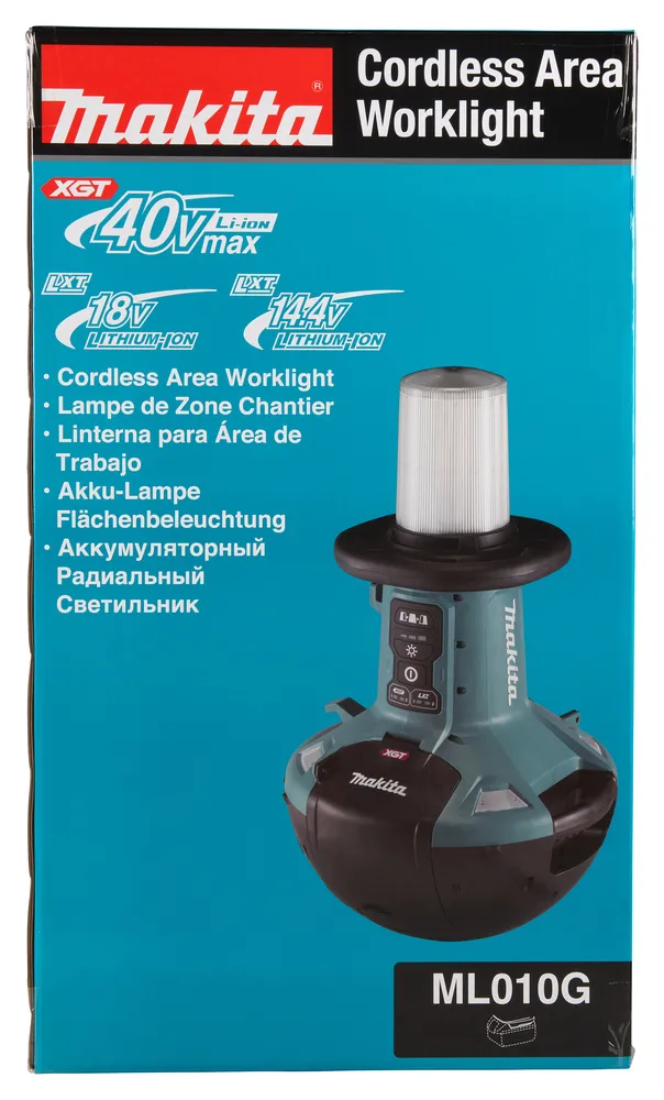 Pildil on näha Makita akulamp ML010G, mis on ilma akuta ja laadijata ning selle kõrval on toitejuhe.