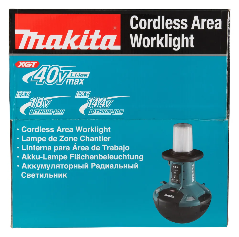Pildil on näha Makita akulamp ML010G, mis on pakendil kujutatud.