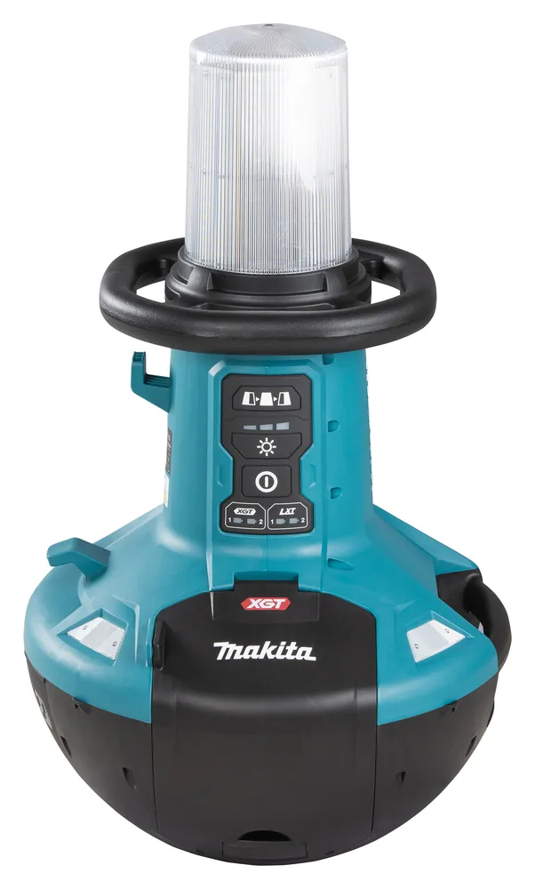 Pildil on Makita akulamp ML010G, mis on tööriistavalgusti, millel on eraldiseisev LED-valgusti ja alusosa, mis mahutab akud.