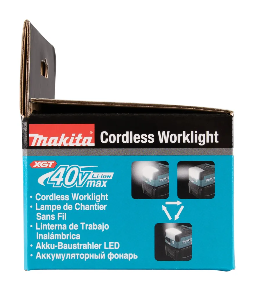 Pildil on näha Makita akulambi karp, millel on kirjas "Cordless Worklight".
