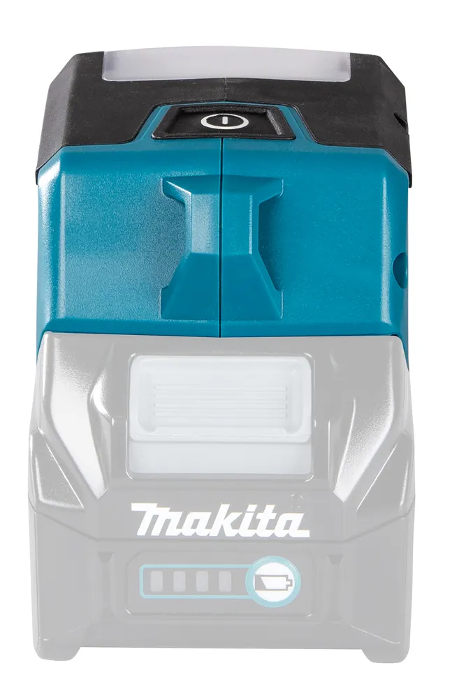 Pildil on Makita akulamp ML011G ilma aku ja laadijata, millel on näha toitelüliti ja aku laetuse indikaator.