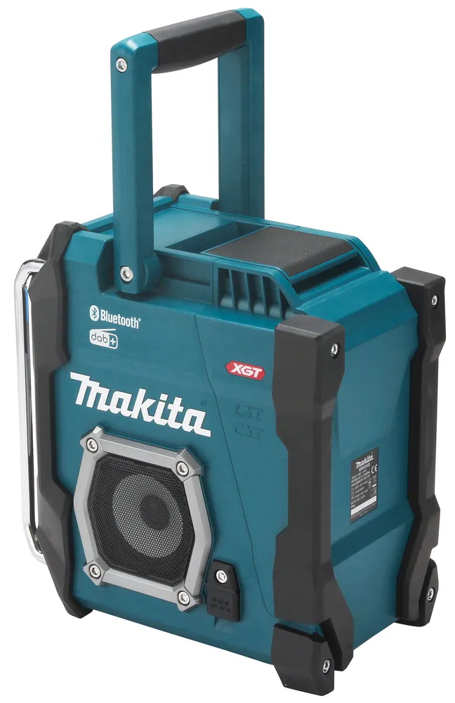Pildil on sinine Makita raadio MR004GZ, millel on Bluetooth ja DAB+ funktsioonid, samuti XGT logo.