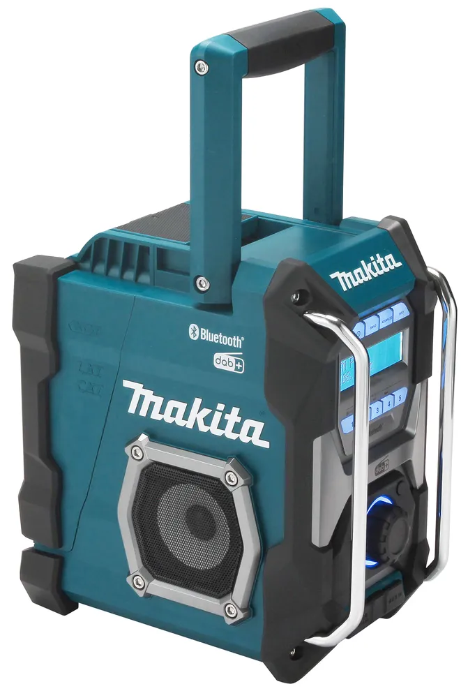 Pildil on näha Makita raadio MR004GZ, millel on sinine korpus ja käepide, ning sinine ekraan.