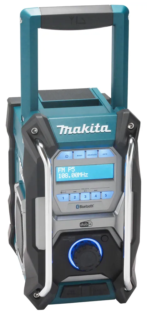 Pildil on näha Makita MR004GZ tüüpi vastupidav raadio, mida saab kasutada ka Bluetooth-kõlarina.