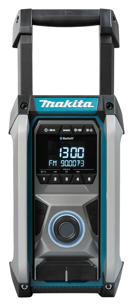 Pildil on Makita MR006GZ Bluetooth raadio, mida saab kasutada akuga või adapteriga.