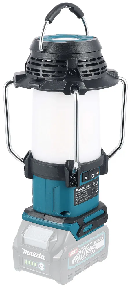 Pildil on näha Makita akulamp-raadio MR009GZ, mis on varustatud 40V akuga ja millel on laadimise indikaator.
