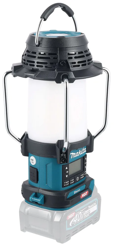 Pildil on Makita akulamp-raadio MR009GZ, mis on paigutatud valgele taustale, näidates selle detaile nagu käepide...