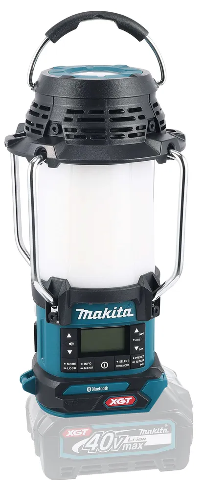 Pildil on Makita akulamp-raadio MR009GZ, ilma aku ja laadijata, millel on kaasaegne disain ja praktiline sang.