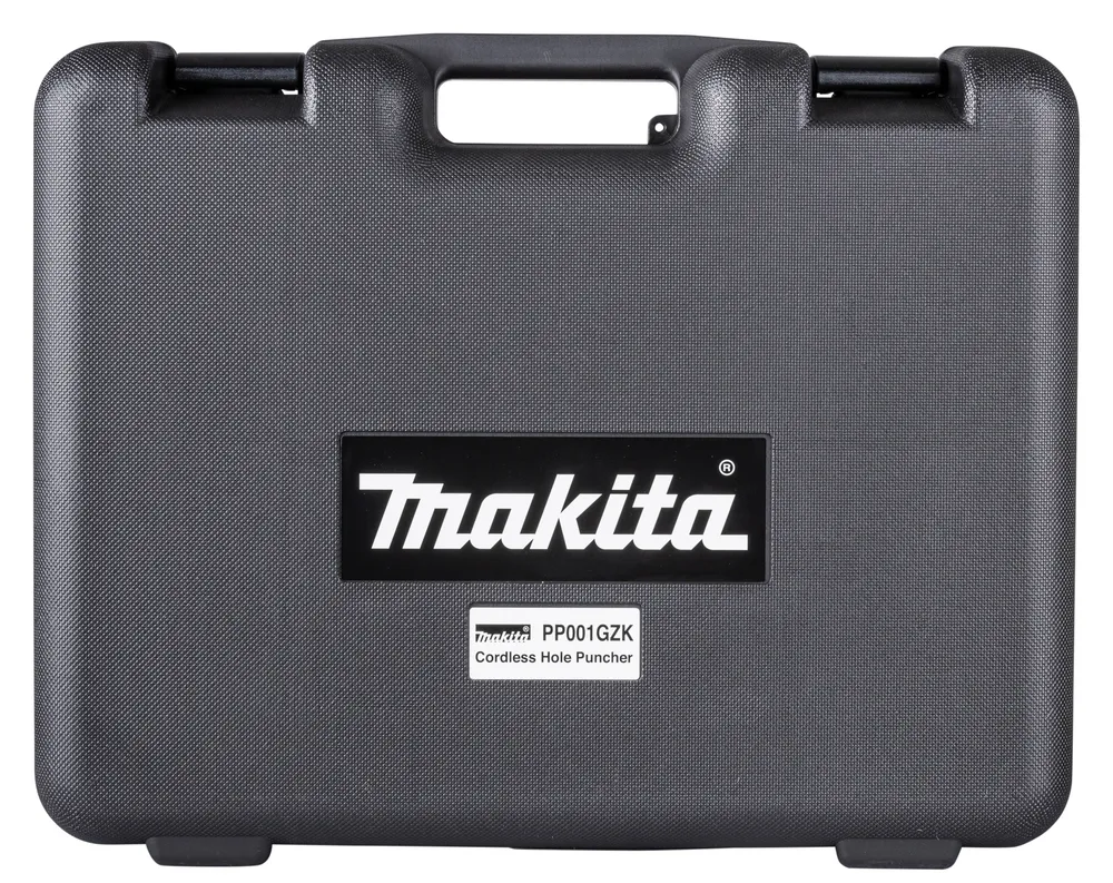 Pildil on Makita akumetalliaugustaja PP001GZK, ilma aku ja laadijata, nähtavana on seadme lõikepea ja mootoriosa.