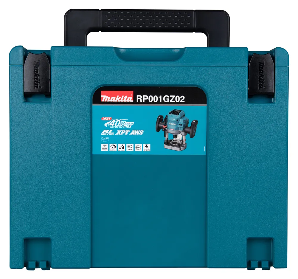 Pildil on näha detail Makita akufrees RP001GZ02, millel on selgelt tuvastatavad kaks metallist tugiposti, läbipaistev...