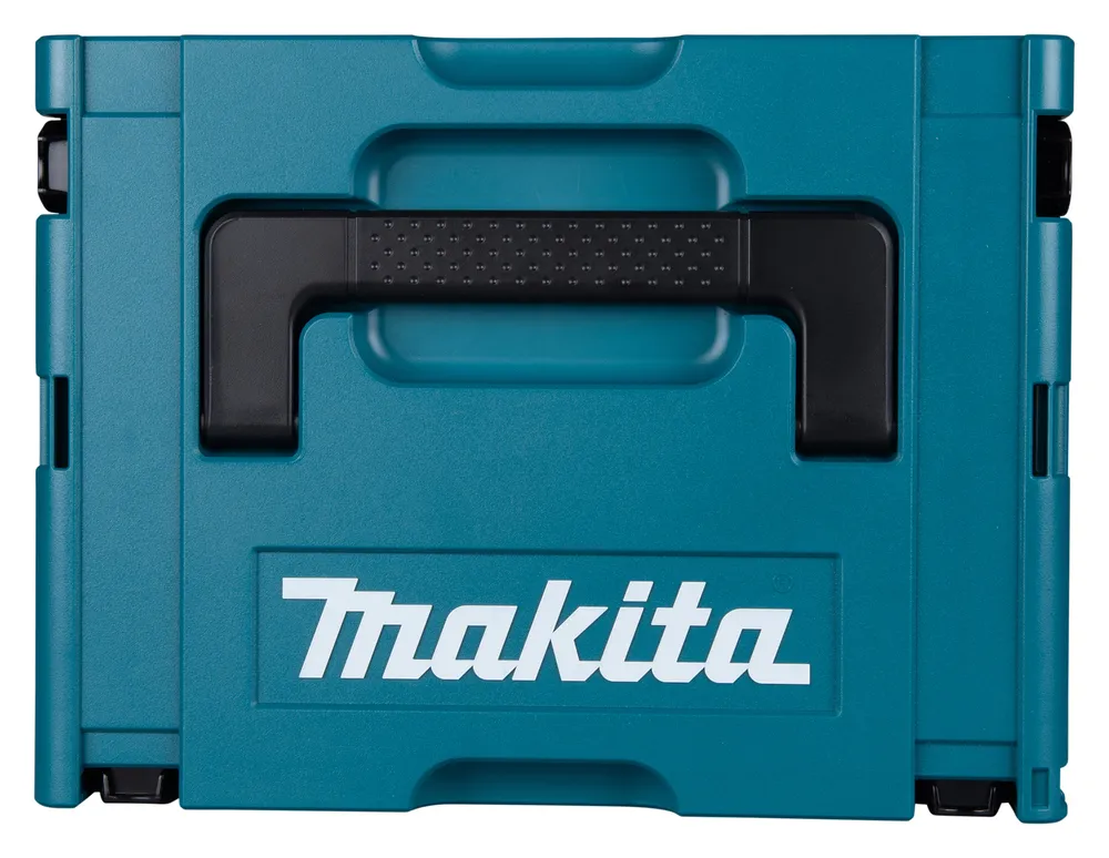 Pildil on näha Makita akufreesi RP001GZ02 sinine hoiukarp, millel on käepide ja kinnitusklamber.