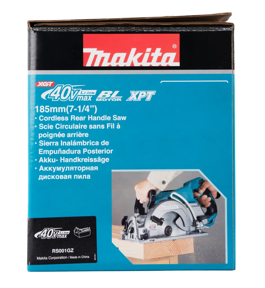 Pildil on Makita akuketassaagi RS001GZ karp, millel on näha toote pilt, kirjeldused ja tehnilised andmed.