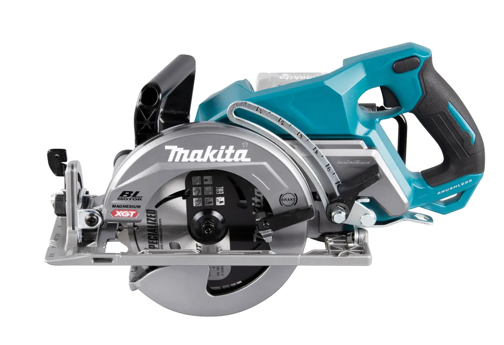Pildil on Makita akuketassaag RS001GZ, millel on sinine korpus, hall saeketas ja must käepide.