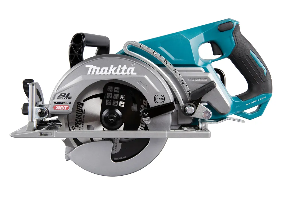 Pildil on Makita RS001GZ akuketassaag, mis on esitatud valgel taustal ja näitab detailseid vaateid sae ehitusest.