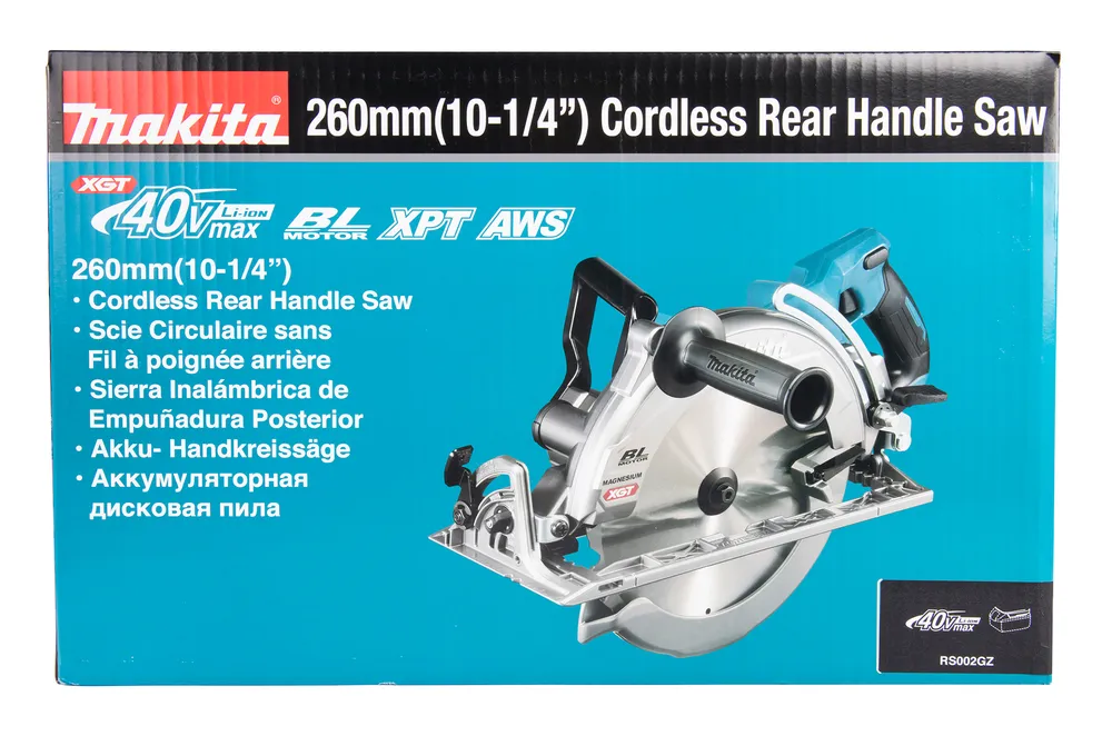Pildil on Makita akuketassaagi RS002GZ karp koos tööriista endaga.
