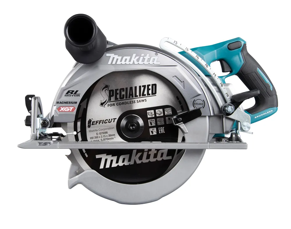 Pildil on Makita akuketassaag RS002GZ, millel on ketas, käepide ja mitmesugused funktsioonid.