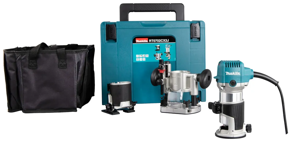 Pildil on Makita RT0702CX2J ülafrees/servafrees koos lisatarvikute ja kohvriga.