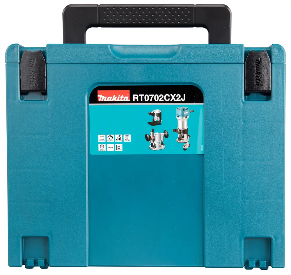 Pildil on Makita ülafrees/servafrees RT0702CX2J, mis on pakitud sinisesse kohvrisse.