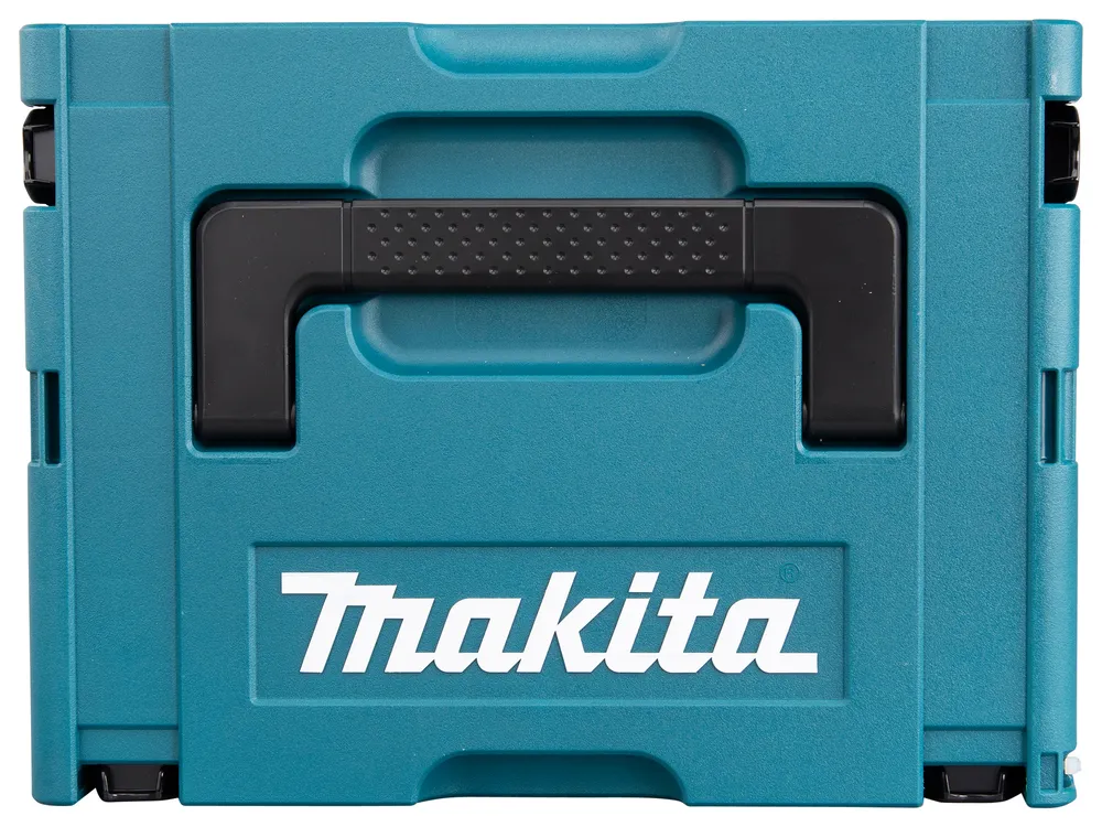 Pildil on sinine Makita tööriistakohver, millel on must käepide ja valge Makita logo.
