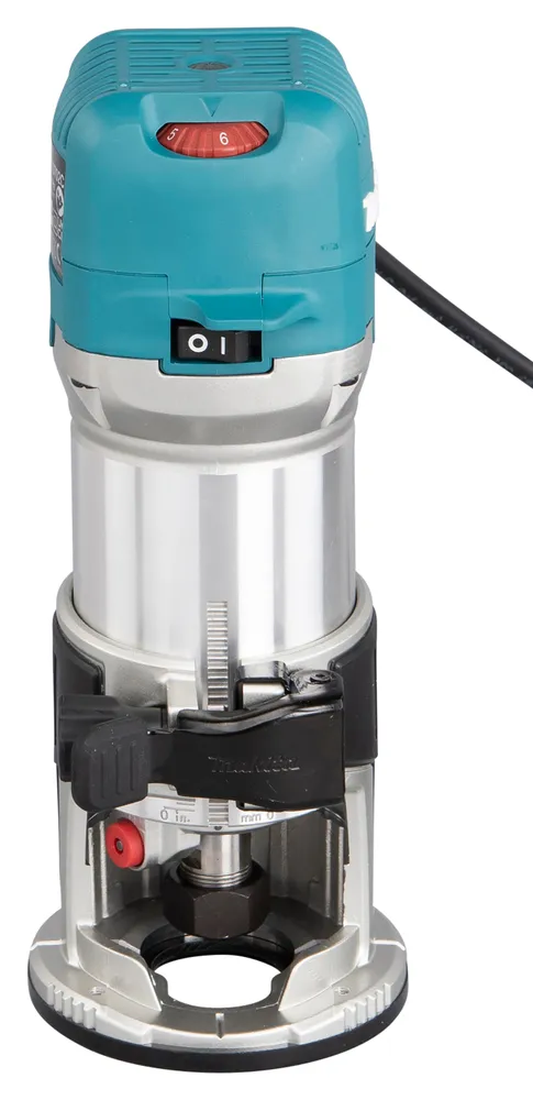 Pildil on Makita ülafrees/servafrees RT0702CX2J, millel on näha sisse-välja lüliti, kiiruse reguleerimisnupp ja...