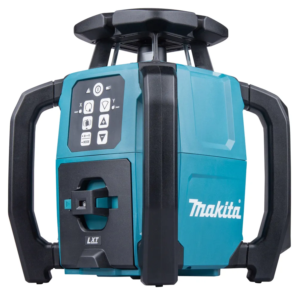 Pildil on Makita akupöördlaser SKR001Z, mis on sinise ja musta värviga ning millel on juhtpaneel ja käepidemed.