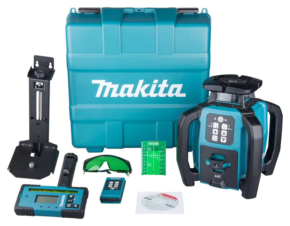 Pildil on Makita akupöördlaser SKR001Z koos tarvikutega, sealhulgas kandekohver, kinnitusalused, laserkiirte prillid ja...