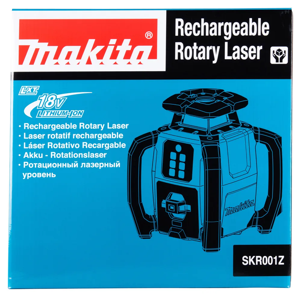 Pildil on sinise taustaga Makita akupöördlaser SKR001Z pakend, millel on kujutatud toodet ja infot selle kohta.