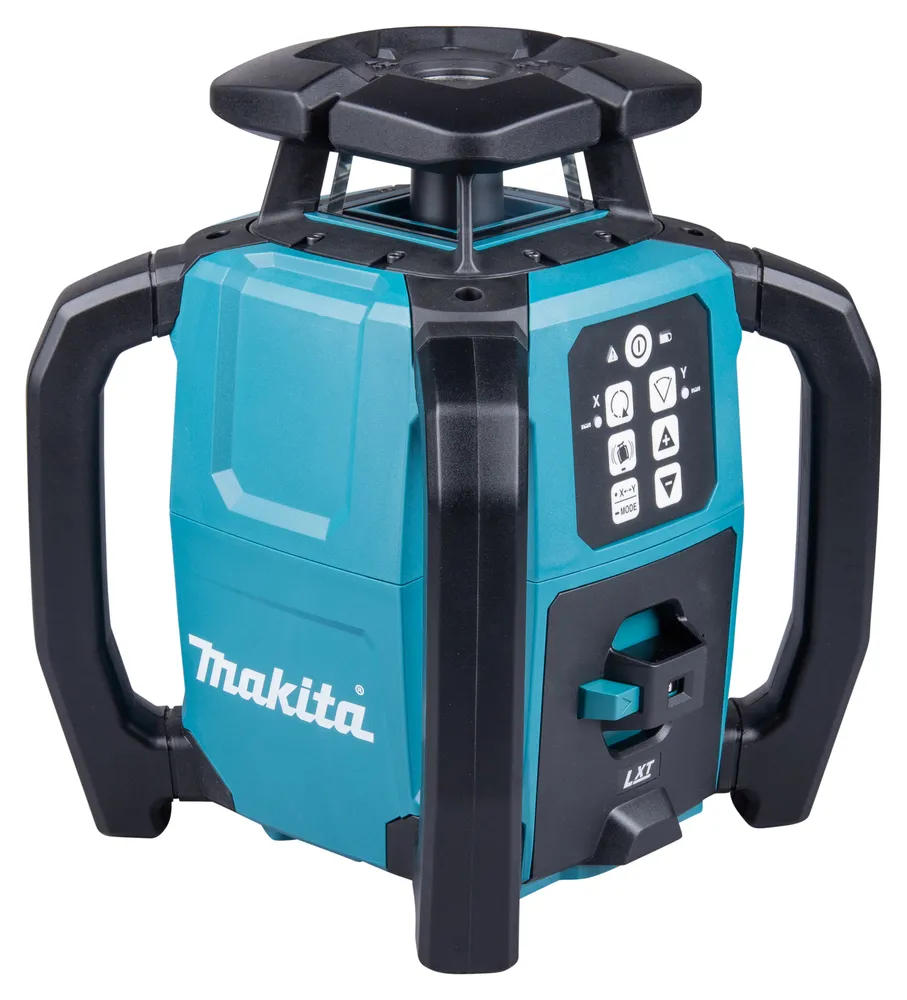 Pildil on Makita akupöördlaser SKR001Z, mis on turqoiisi ja musta värvi, millel on käepidemed ja juhtpaneel.