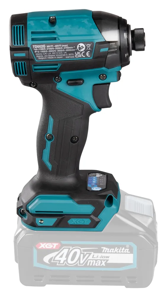 Pildil on Makita akulöökkruvikeeraja, mis on kinnitatud akule, ja näha on selle peamisi osi ning tehnilist infot.