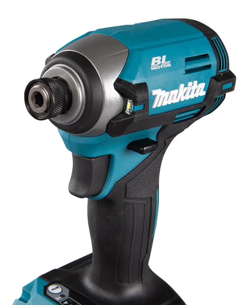 Pildil on Makita akulöökkruvikeeraja TD003GZ, mis on ilma aku ja laadijata, nähtav on tööriista detailide lähedalt tehtud...