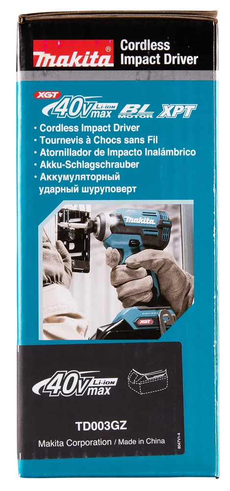 Pildil on Makita akulöökkruvikeeraja TD003GZ pakend, millel on näha toote pilt, spetsifikatsioonid ja tootja info.