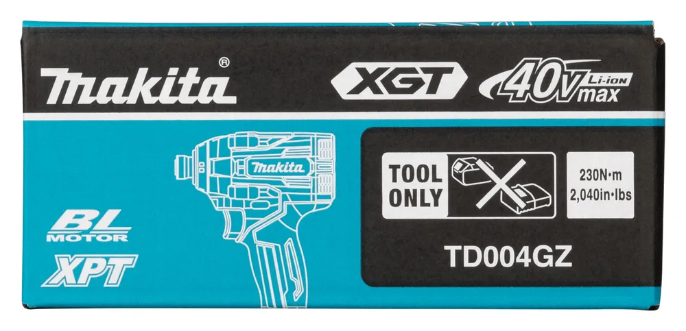 Pildil on Makita akulöökkruvikeeraja TD004GZ XGT pakend, millel on märgitud toote omadused ja teave, näiteks "tool only"...