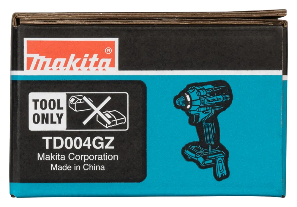 Pildil on Makita akulöökkruvikeeraja TD004GZ XGT pakend, mis näitab, et see on "Tool Only" ehk ilma aku ja laadijata.