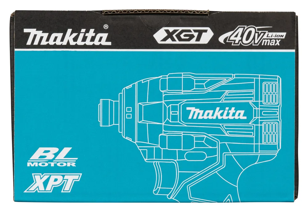 Pildil on Makita akulöökkruvikeeraja TD004GZ XGT pakend, millel on kujutatud toote skeem ning märge aku võimsusest.